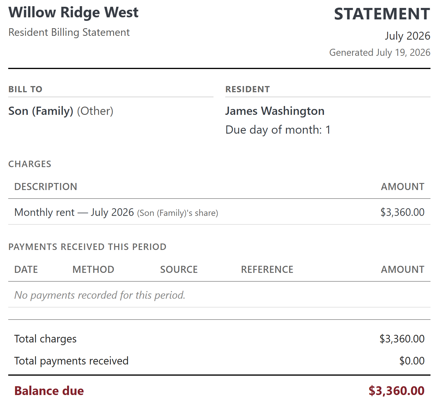 Monthly billing statement showing itemized charges, payments received, and balance due