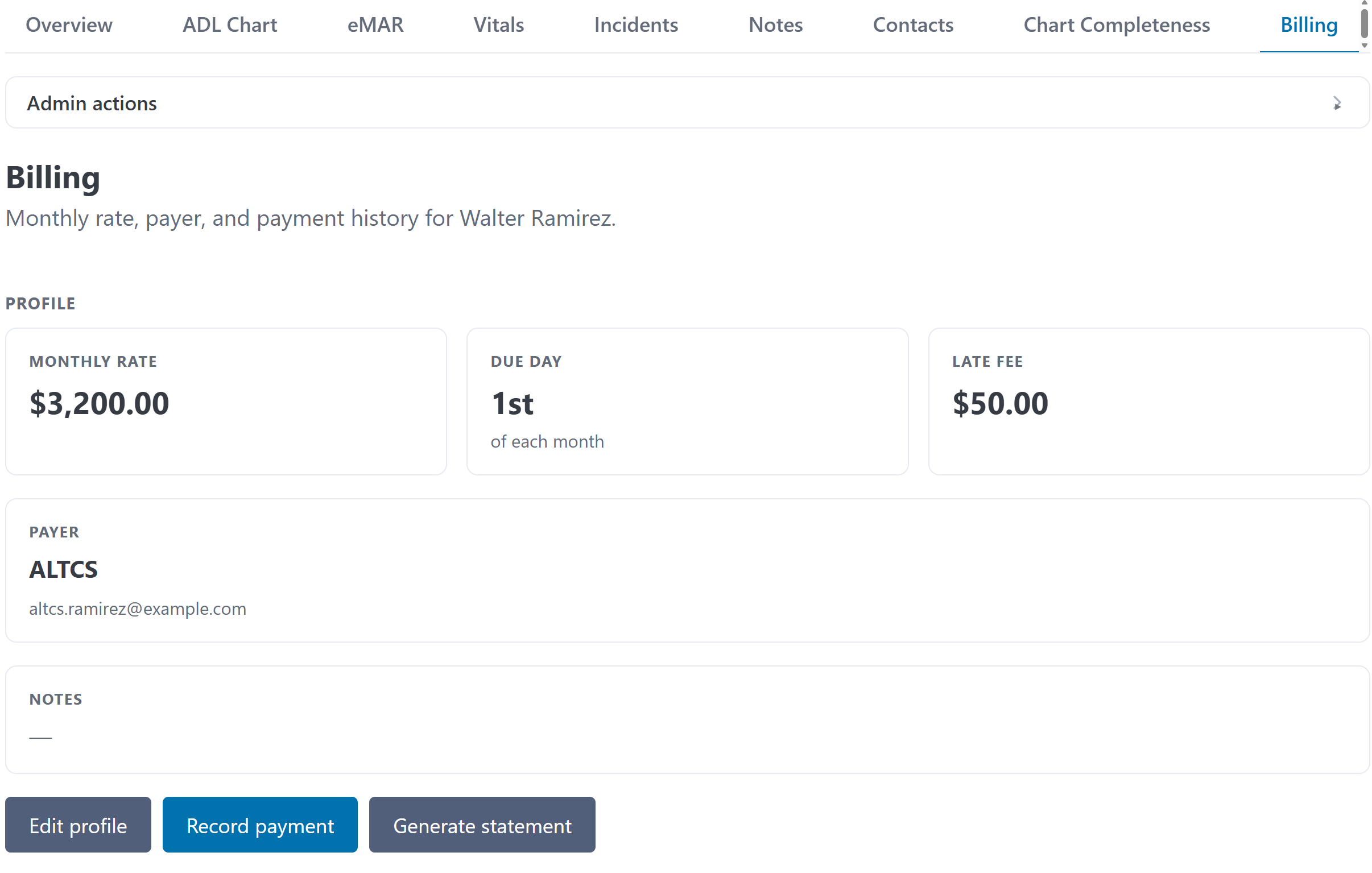 Individual resident billing profile showing ALTCS as primary payer with email