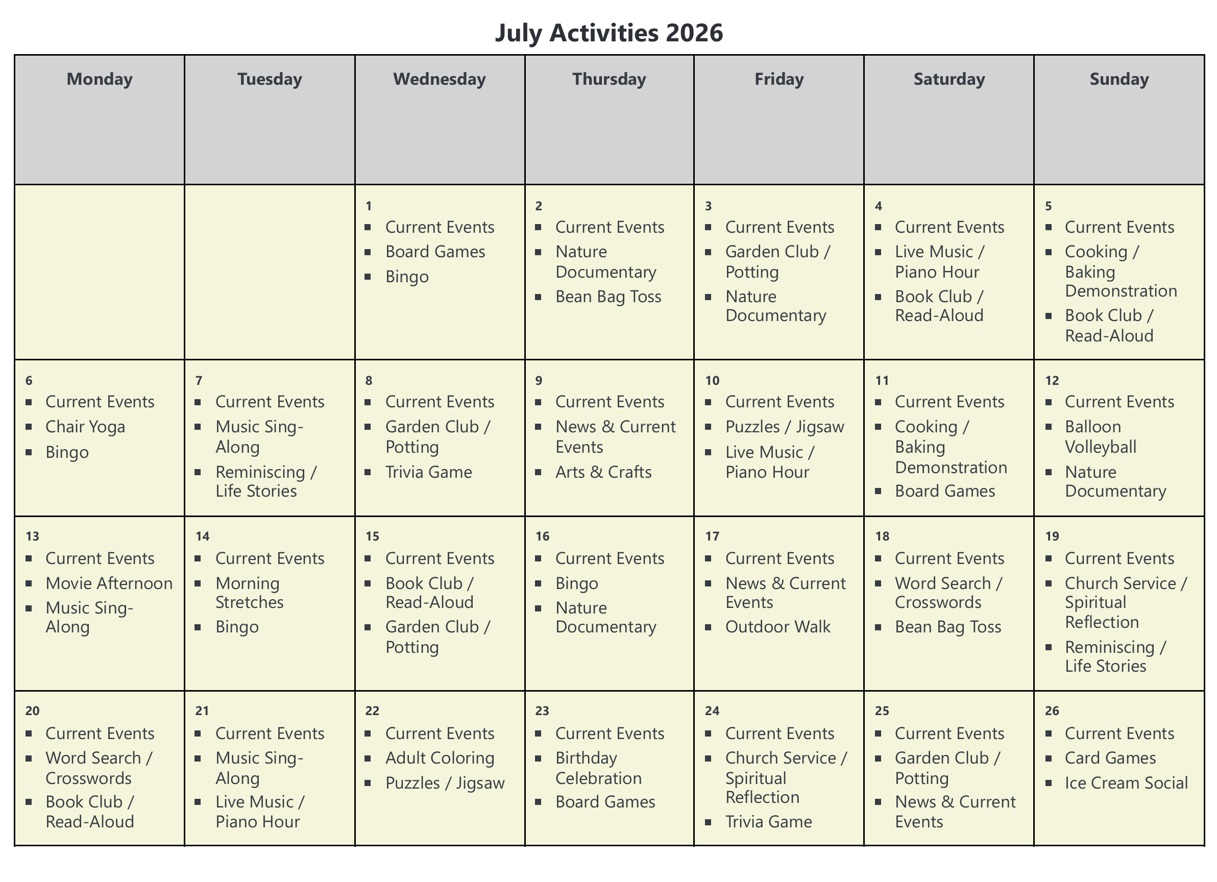 Tendera July Activities 2026. Full month grid, seven columns for Monday through Sunday, each day cell populated with 2 to 4 scheduled activities such as Current Events, Bingo, Chair Yoga, Music Sing-Along, Garden Club, Bean Bag Toss, Church Service, and Nature Documentary.