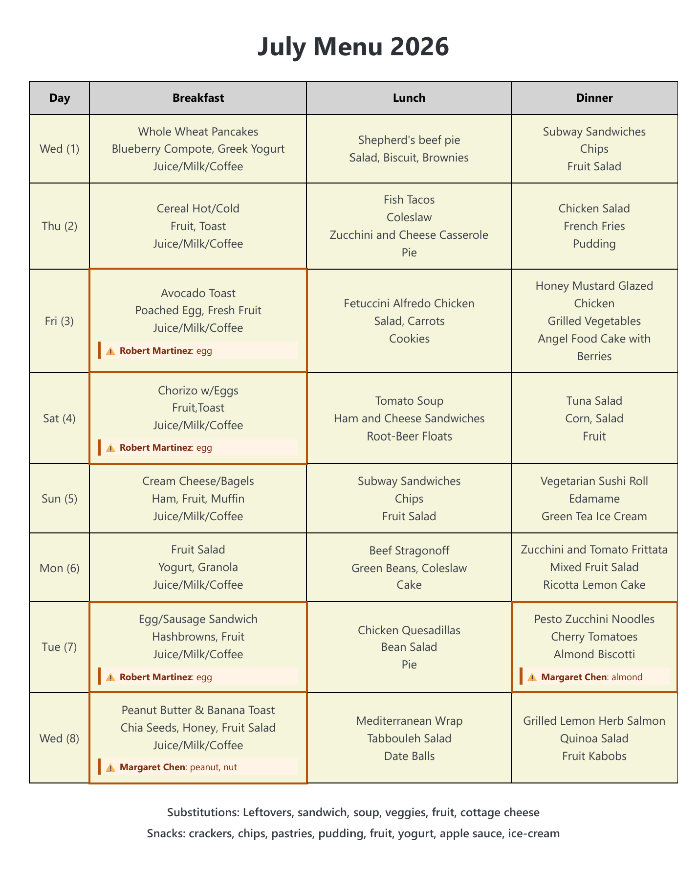 Tendera July Menu 2026. Full month table with Day, Breakfast, Lunch, Dinner columns. Meals populated across every day. Several breakfast cells have amber warning borders and inline alert lines. Fri, Sat, and Tue breakfasts are flagged with 'Robert Martinez: egg' warnings for eggs in the menu. Tuesday dinner shows 'Margaret Chen: almond' for Almond Biscotti. Wednesday breakfast shows 'Margaret Chen: peanut, nut' for Peanut Butter and Banana Toast. Footer lists substitutions and snacks.