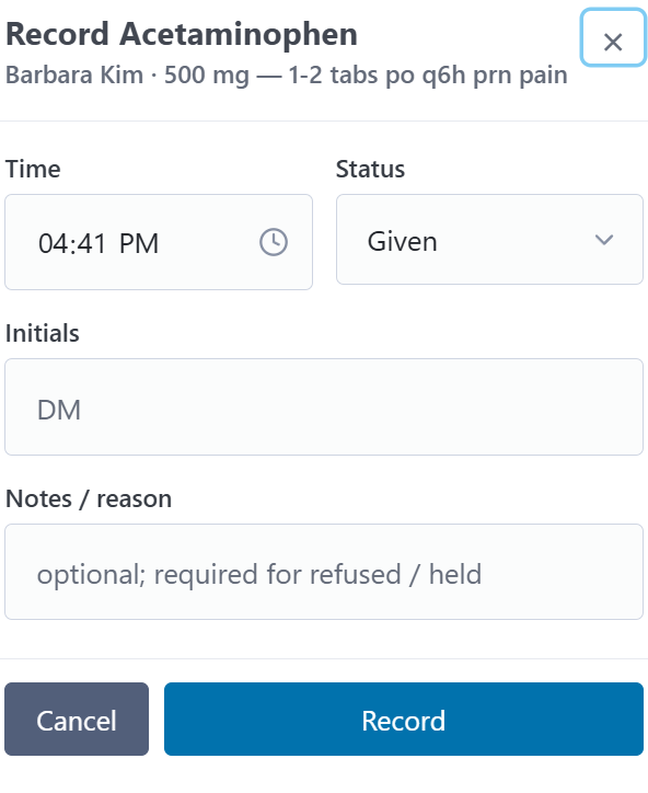 Record Acetaminophen dialog for Barbara Kim, 500 mg, 1 to 2 tabs po q6h prn pain. Time, status, initials, and notes fields with a Record button.